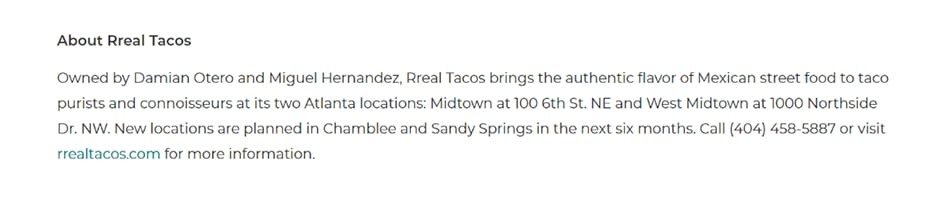 Rreal Tacos example of press release boilerplate with invitation to visit the website