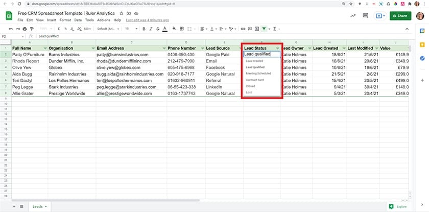 RulerAnalytics lead tracking in Google Sheet.