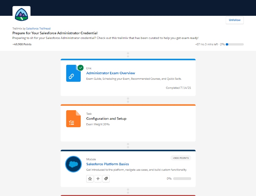 An overview of the modules under the Salesforce Administrator course modules