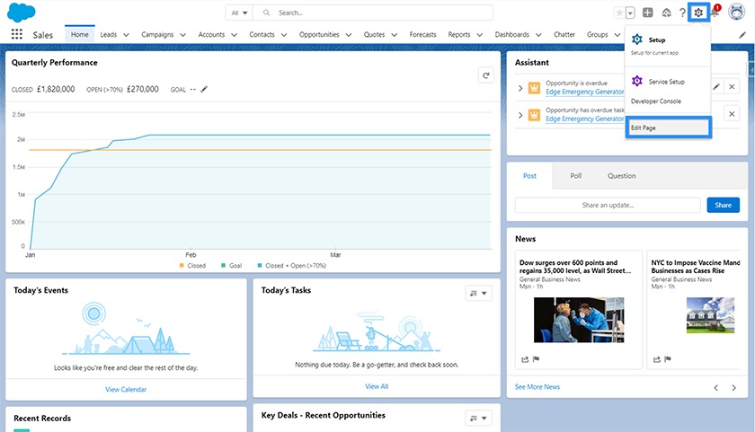 Salesforce home page that shows the quarterly performance stats.