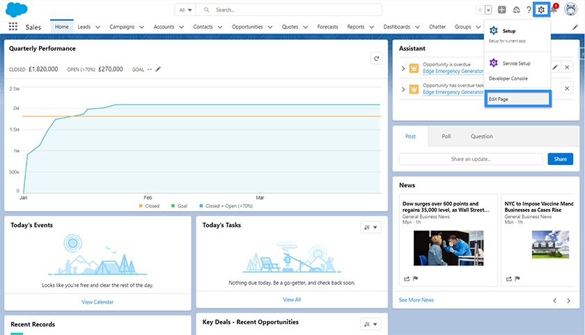 An example of a Salesforce home page showing the quarterly performance stats.