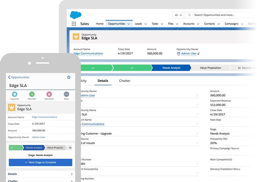 Salesforce one-page record view in desktop and mobile.