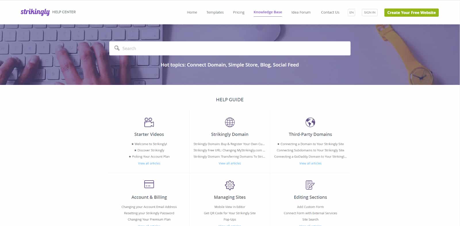 Screenshot of Strikingly Help Guide page