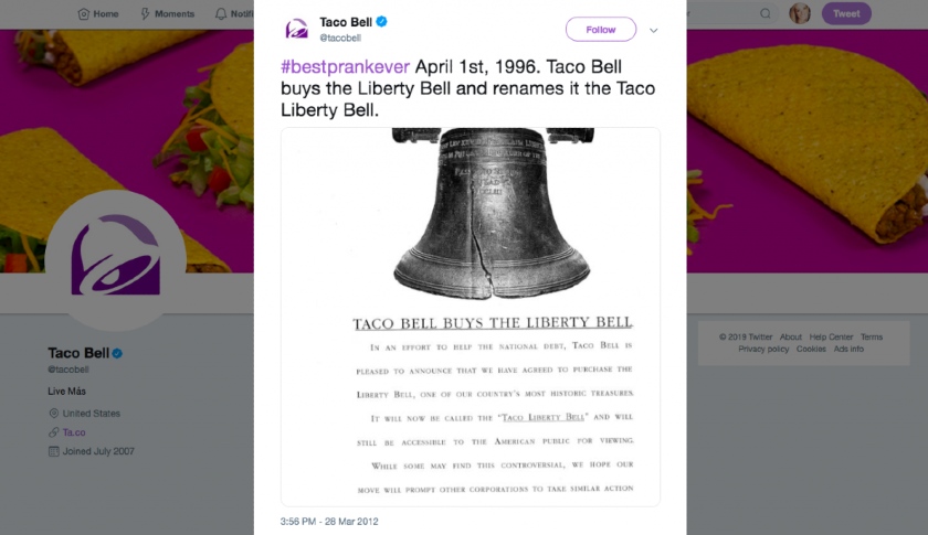 A Tweet with a screenshot of a news story about Taco Bell buying the Liberty Bell.