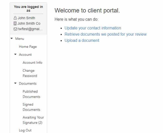 Screenshot of TaxWorkFlow Client Portal Example
