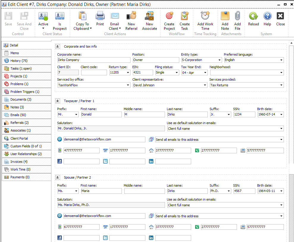 Screenshot of TaxWorkFlow Client Records Management Example