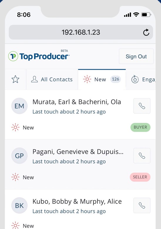 Top Producer Mobile App Contacts interface