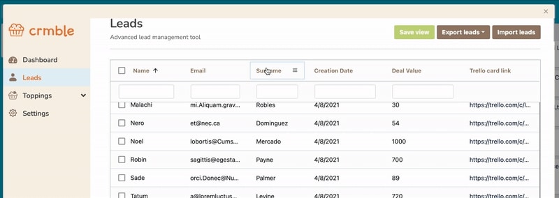 Trello Crmble advanced lead management tool.