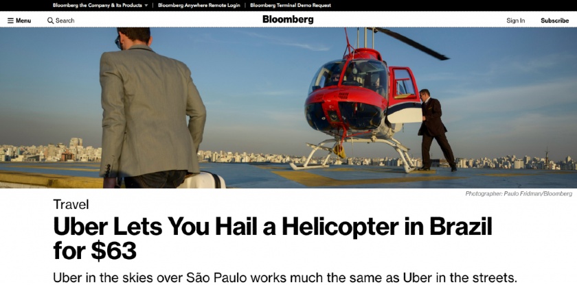 A news story with the headline "Uber Lets You Hail a Helicopter in Brazil for $63."