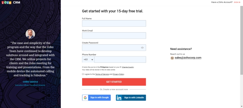 Zoho CRM 15-day free trial signup form