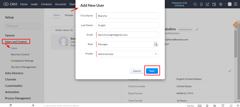 Zoho CRM Add New User form