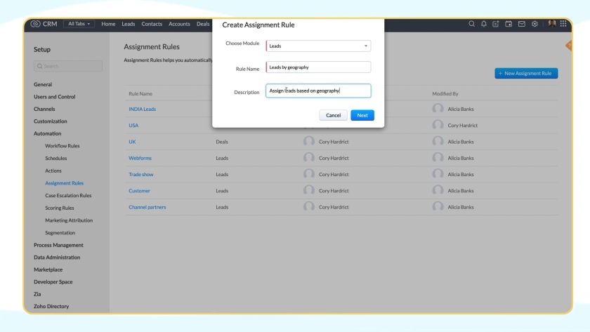  Panneau de configuration de l'automatisation Zoho CRM 