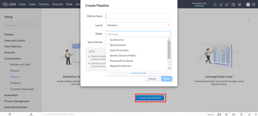 Zoho CRM Creating pipeline layout and stages options