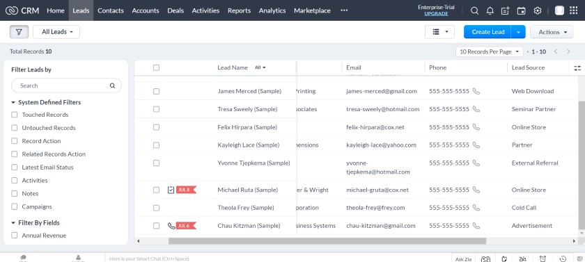 Zoho CRM Leads tab 