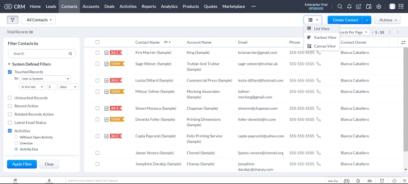 Zoho CRM List view of Contacts Dashboard