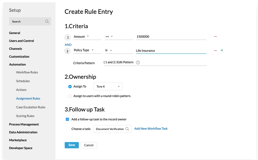 Zoho CRM create rule entry settings.