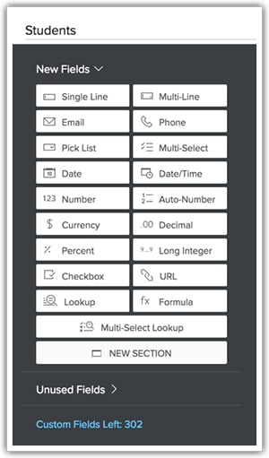 Zoho CRM custom data field types options.