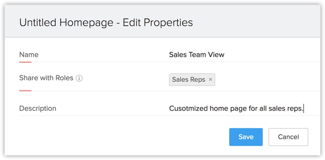 Zoho CRM edit home page properties.