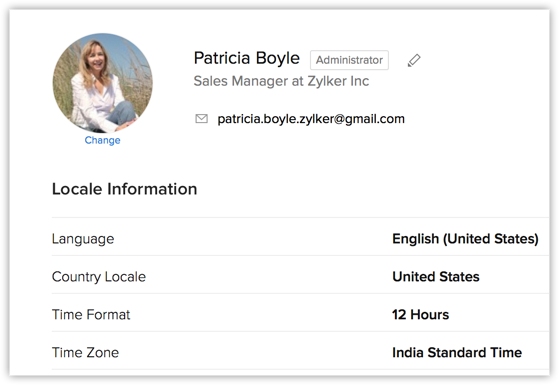 Zoho CRM example of admin information.