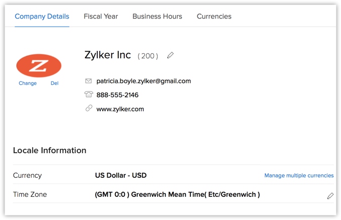 Zoho CRM example of company details.