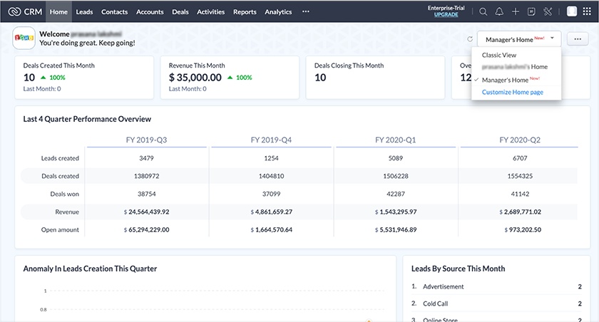 Zoho CRM home dashboard with performance overview.