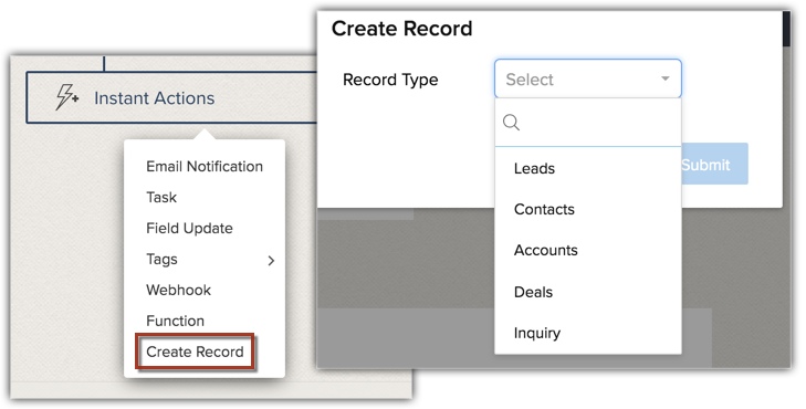 Zoho CRM instant or scheduled actions.