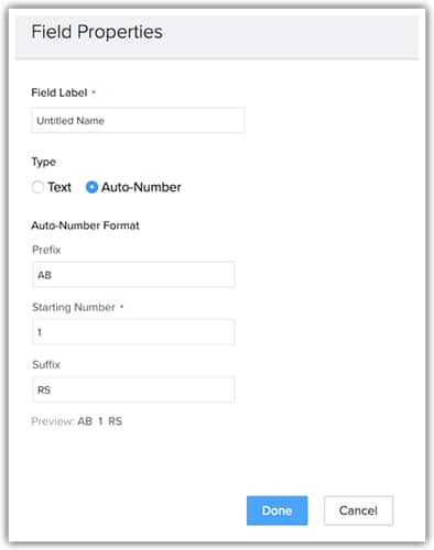 Zoho CRM labeling field properties.