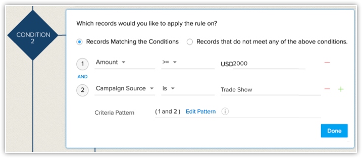 Zoho CRM set workflow conditions.