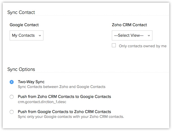Zoho CRM sync contact options.