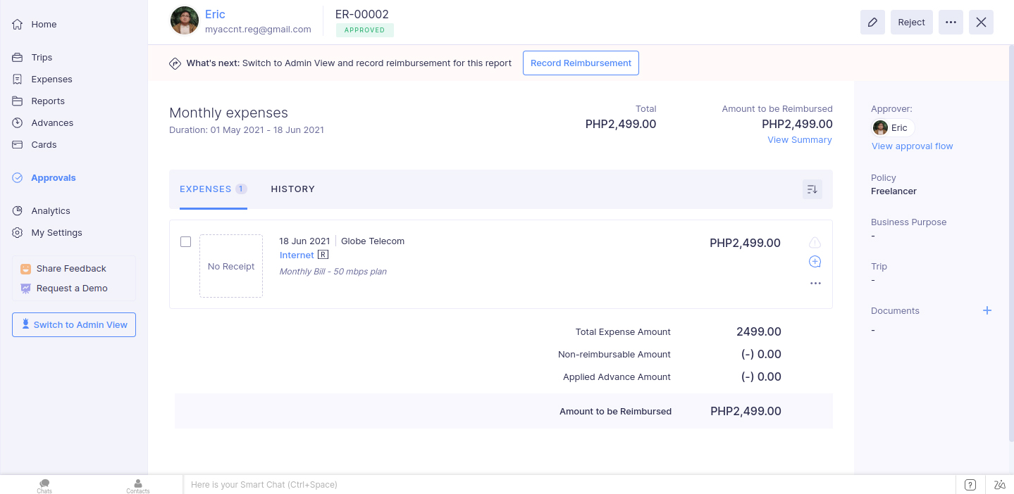 Screenshot of Zoho Expenses Approved Report Window