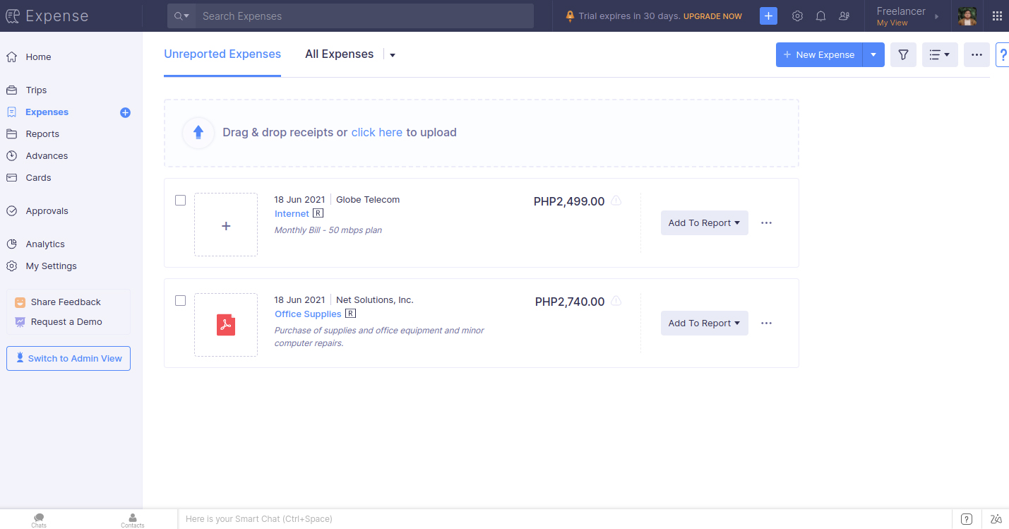 Screenshot of Zoho Expenses Expenses tab