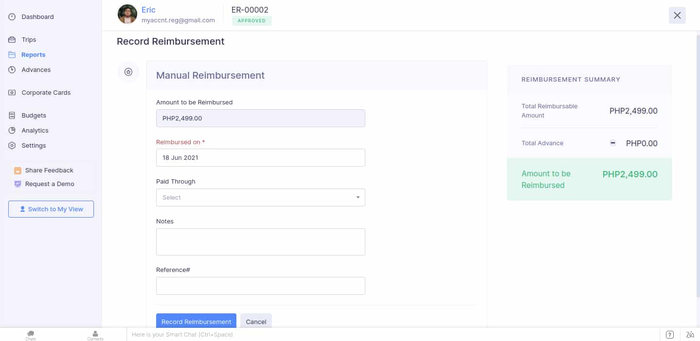 Screenshot of Zoho Expenses Reimbursement Screen to add Manual Reimbursement information.
