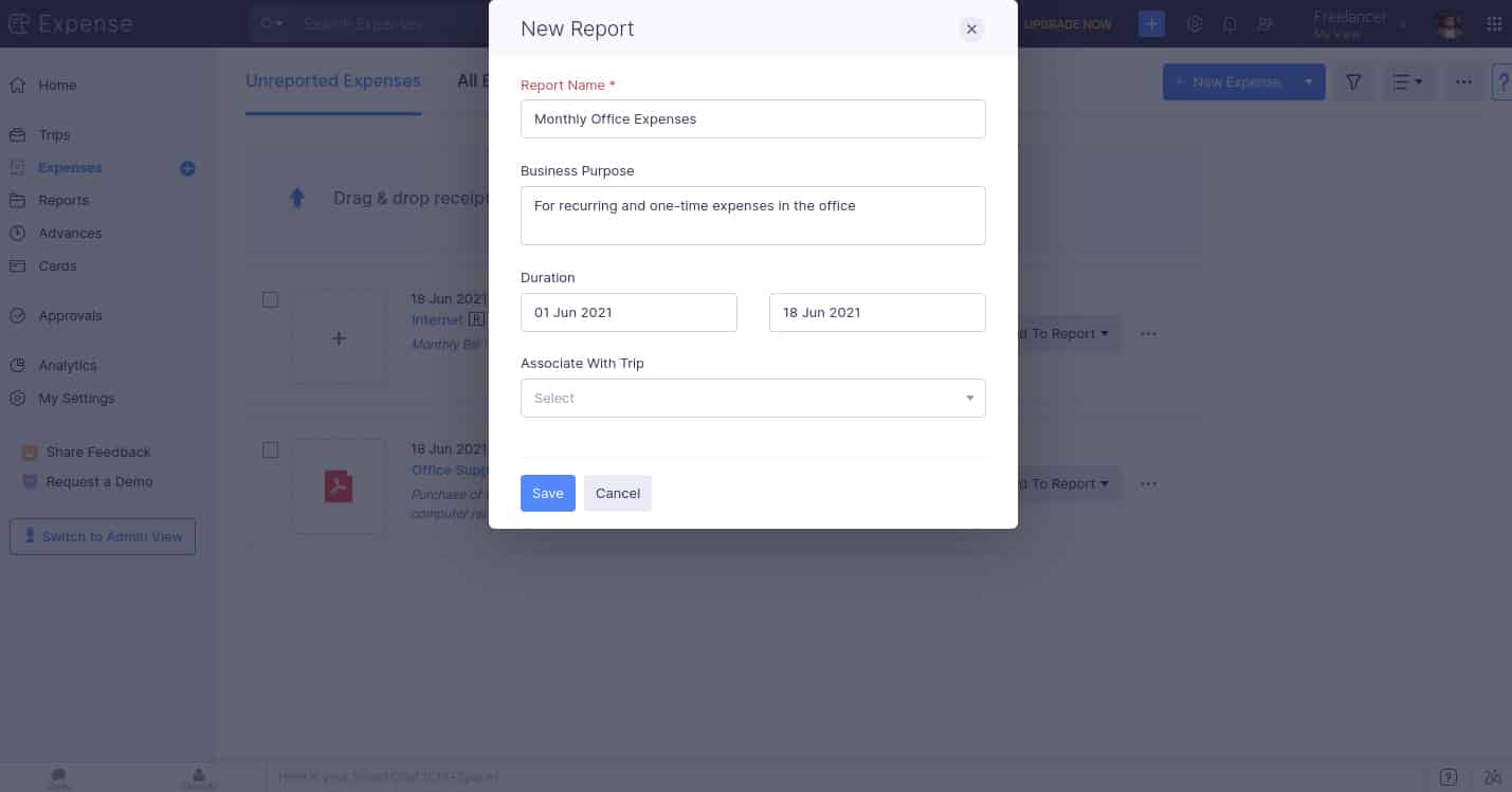 Screenshot_Zoho_Expenses_adding_expenses_to_report