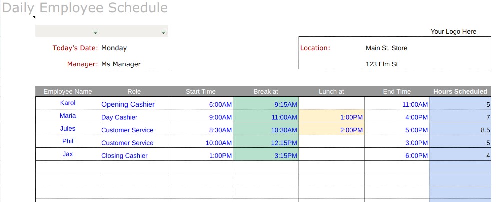 Free Employee Schedule Templates Instructions