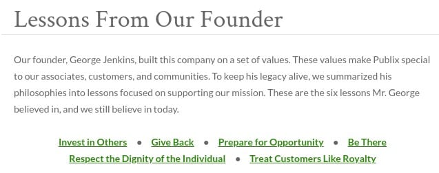 Screenshot of Publix Core Values