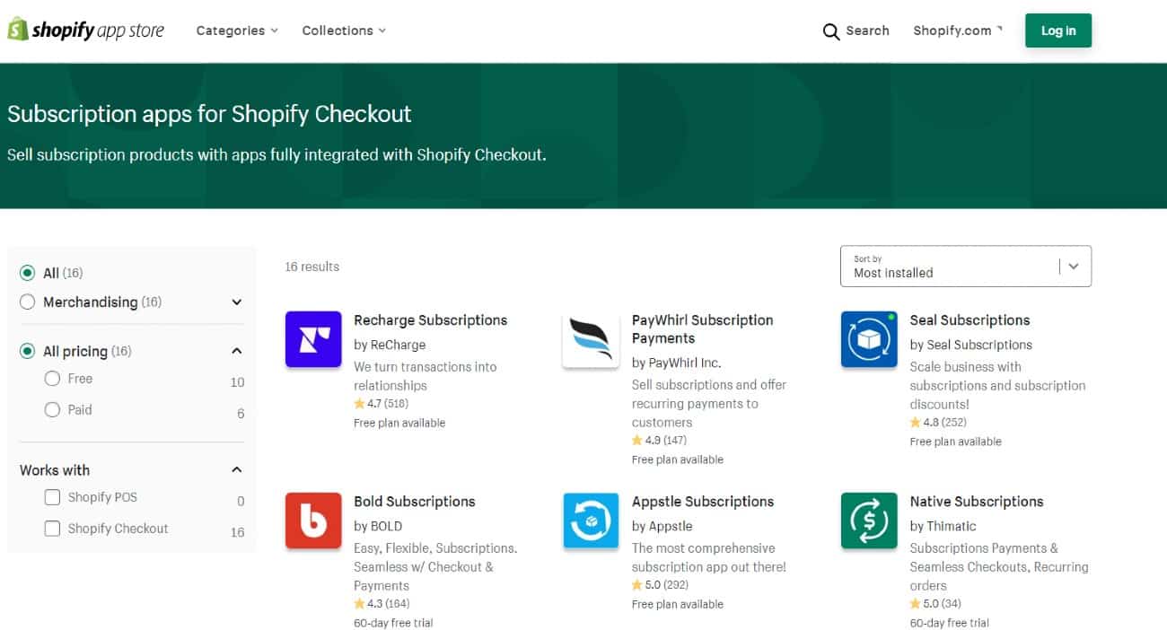 Showing Shopify's subscription apps.