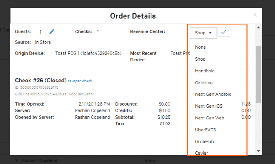 Showing Toast revenue centers.