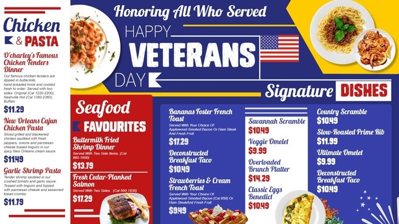 Showing a veterans days menu style.