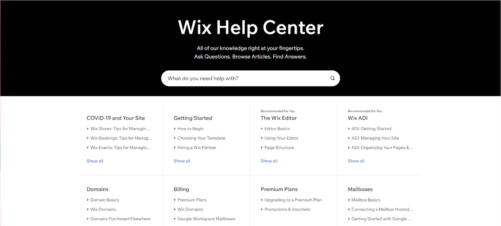 Wix help center page.