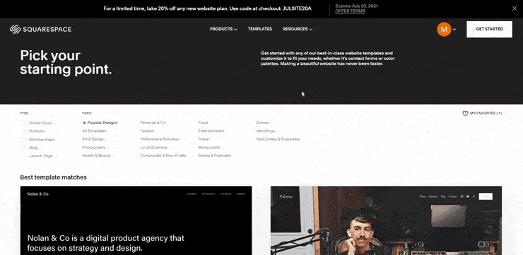 Squarespace template sample gif