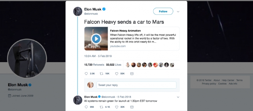 A Tweet from Elon Musk about Tesla sending a car to Mars.