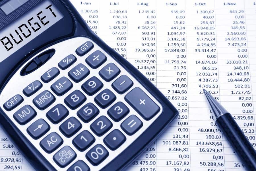 The word budget written in a calculator screen.
