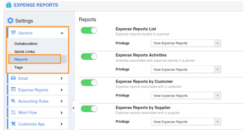 Apptivo Expense Management Tool Reports Settings