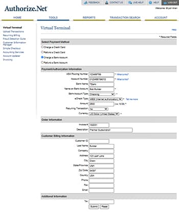 Screenshot of Authorize.net free virtual terminal