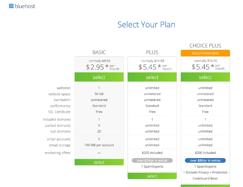 Bluehost Hosting Pricing Plan