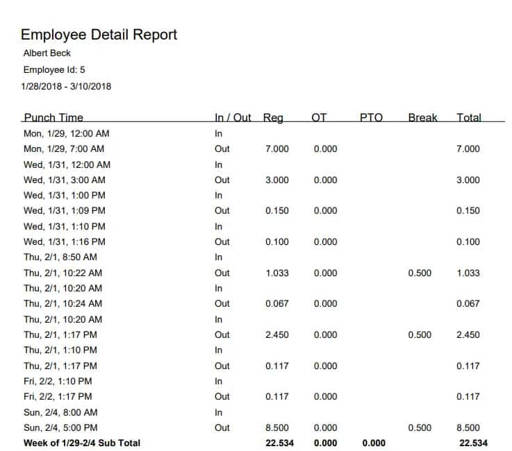 Screenshot of Buddy Punch Employee Detail Report