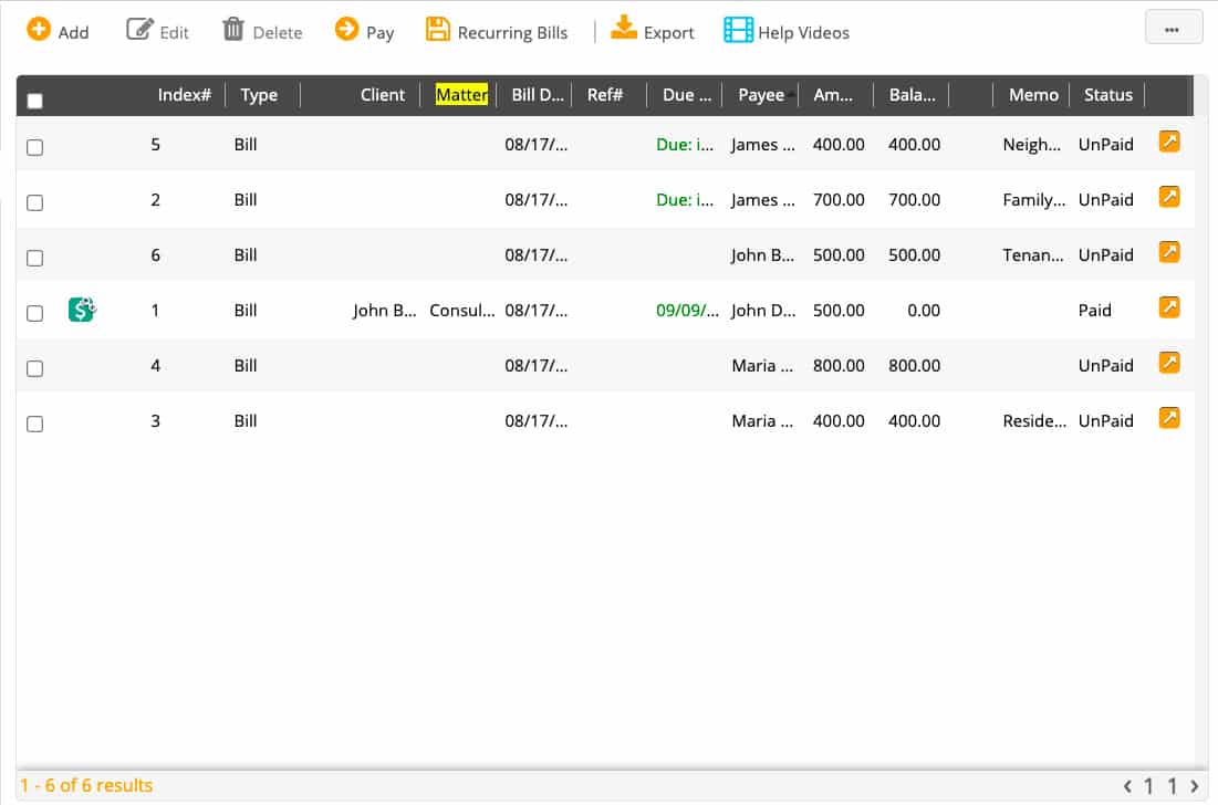 Screenshot of CosmoLex Tracking paid and unpaid bills