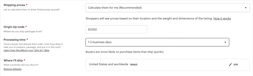 Etsy shipping details settings.