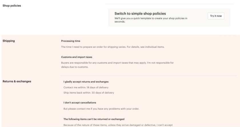 Etsy Shop Policies Template