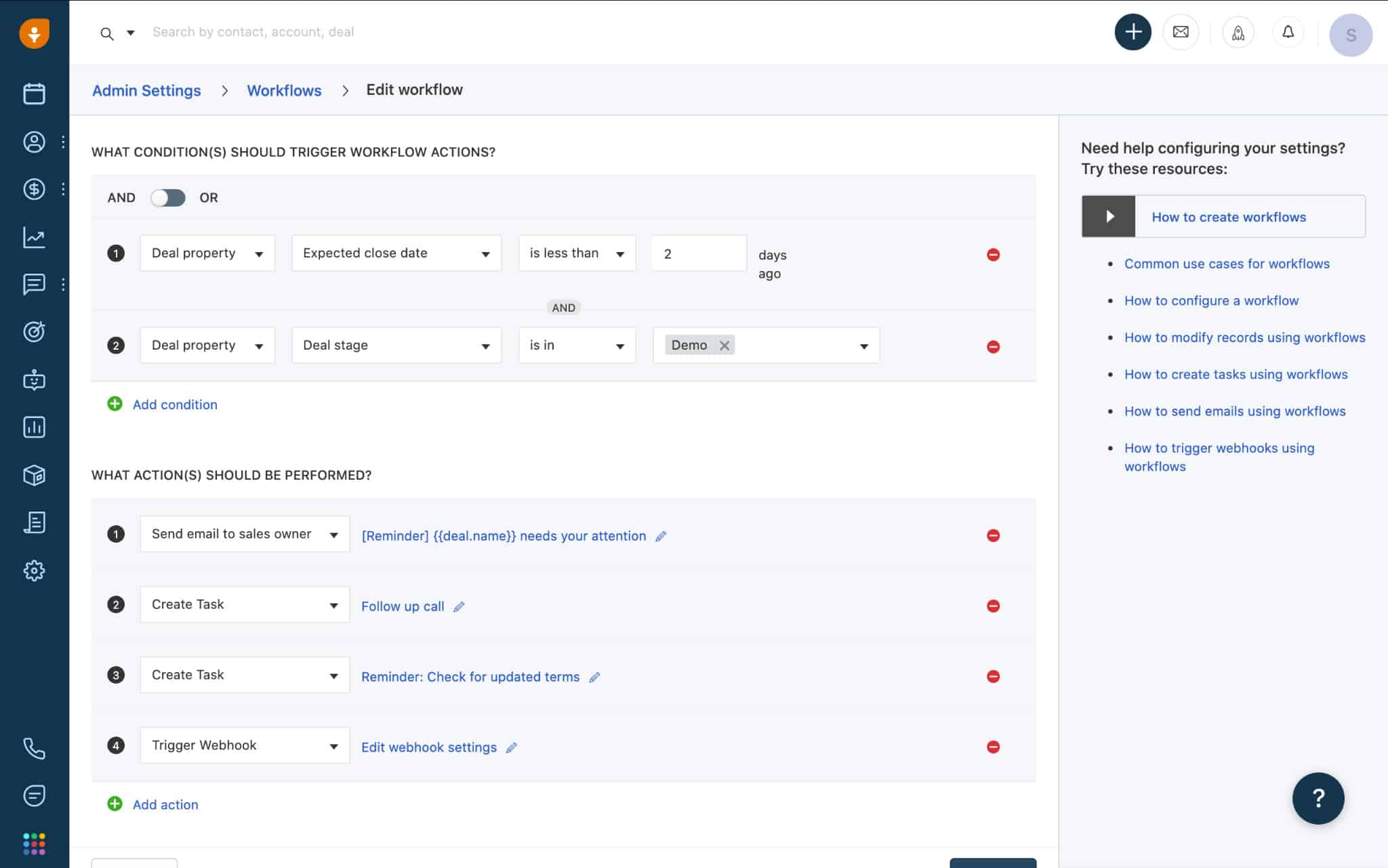 Screenshot of Freshsales workflow automation feature